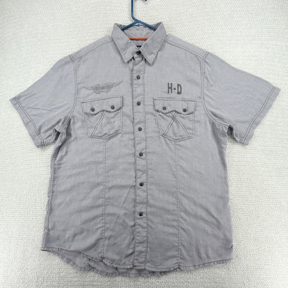 Harley-Davidson H-D Pearl Snap Sawtooth Work Shirt Mens XL Gray Herringbone